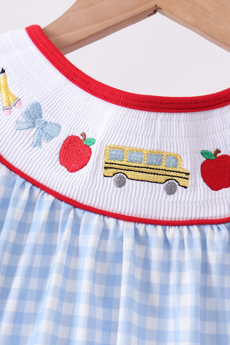 Blue School Bus Smocked Gingham Dress - 5
