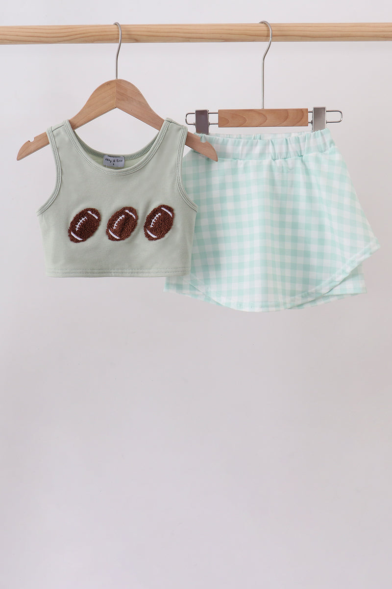 Green football french knot gingham skorts set - 1