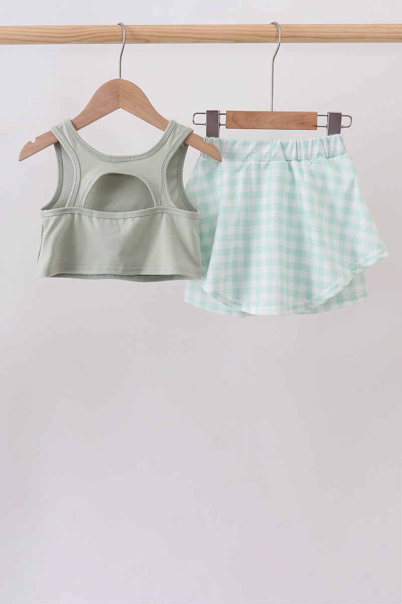 Green football french knot gingham skorts set - 3
