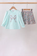 Blue Floral Bow Applique Skorts Set - 1