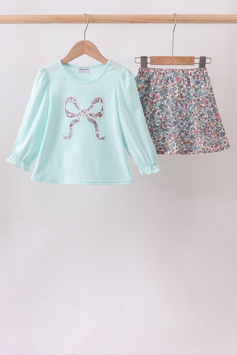 Blue Floral Bow Applique Skorts Set - 1