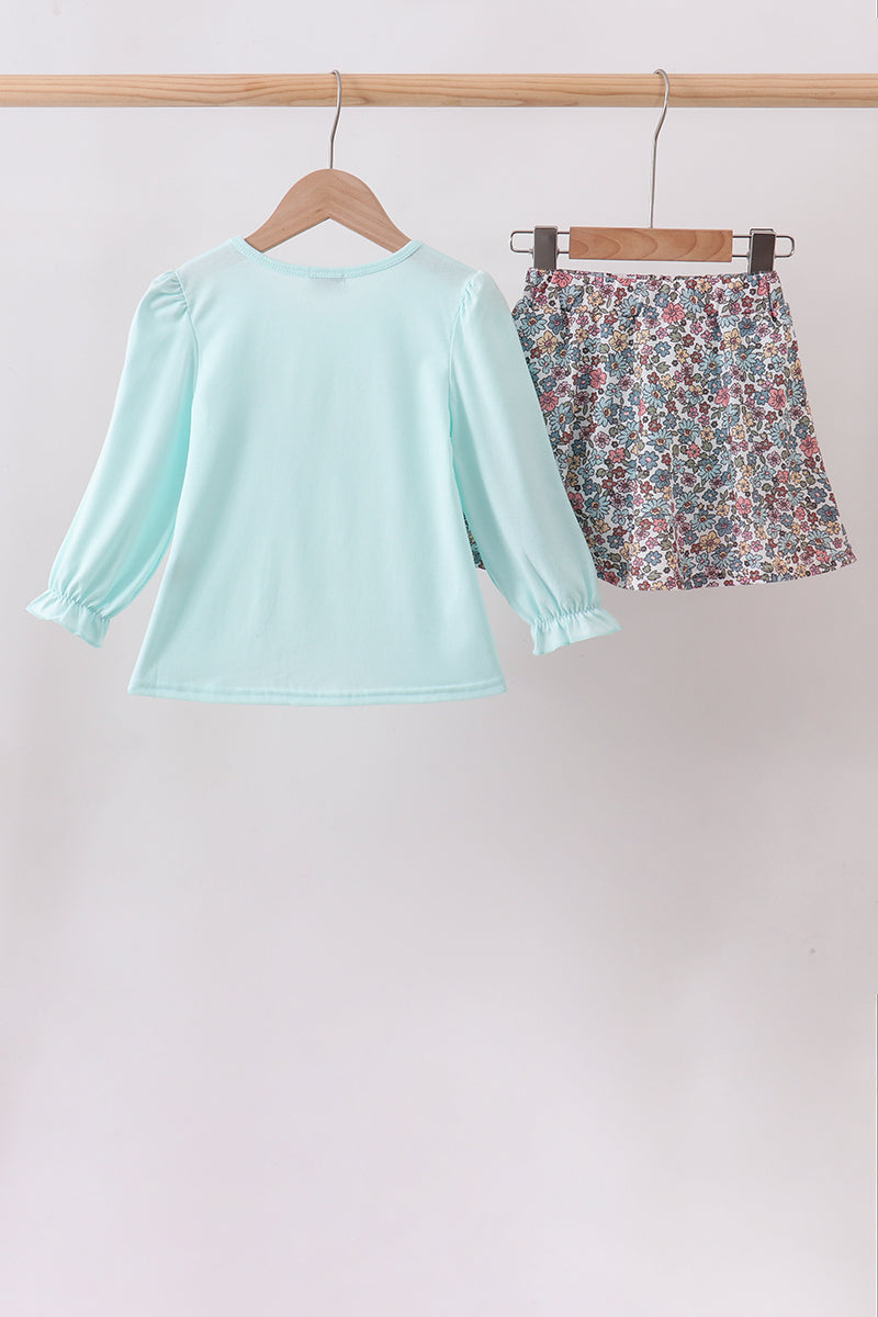 Blue Floral Bow Applique Skorts Set - 2