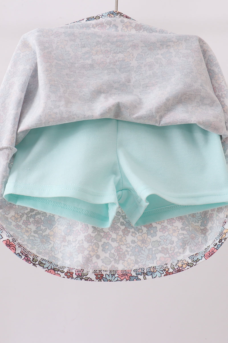 Blue Floral Bow Applique Skorts Set - 3