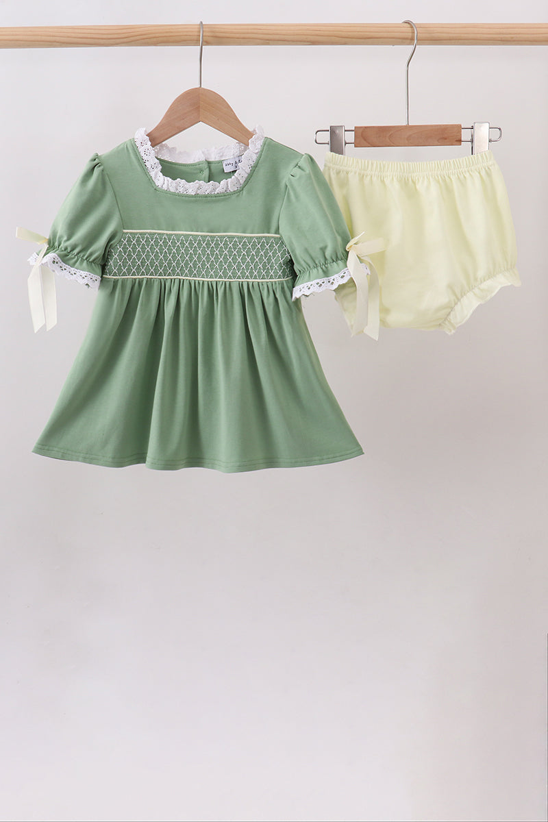 Sage collar smocked lace bloomer set - 1