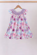 Purple Bow Embroidered Floral Scalloped Dress - 1