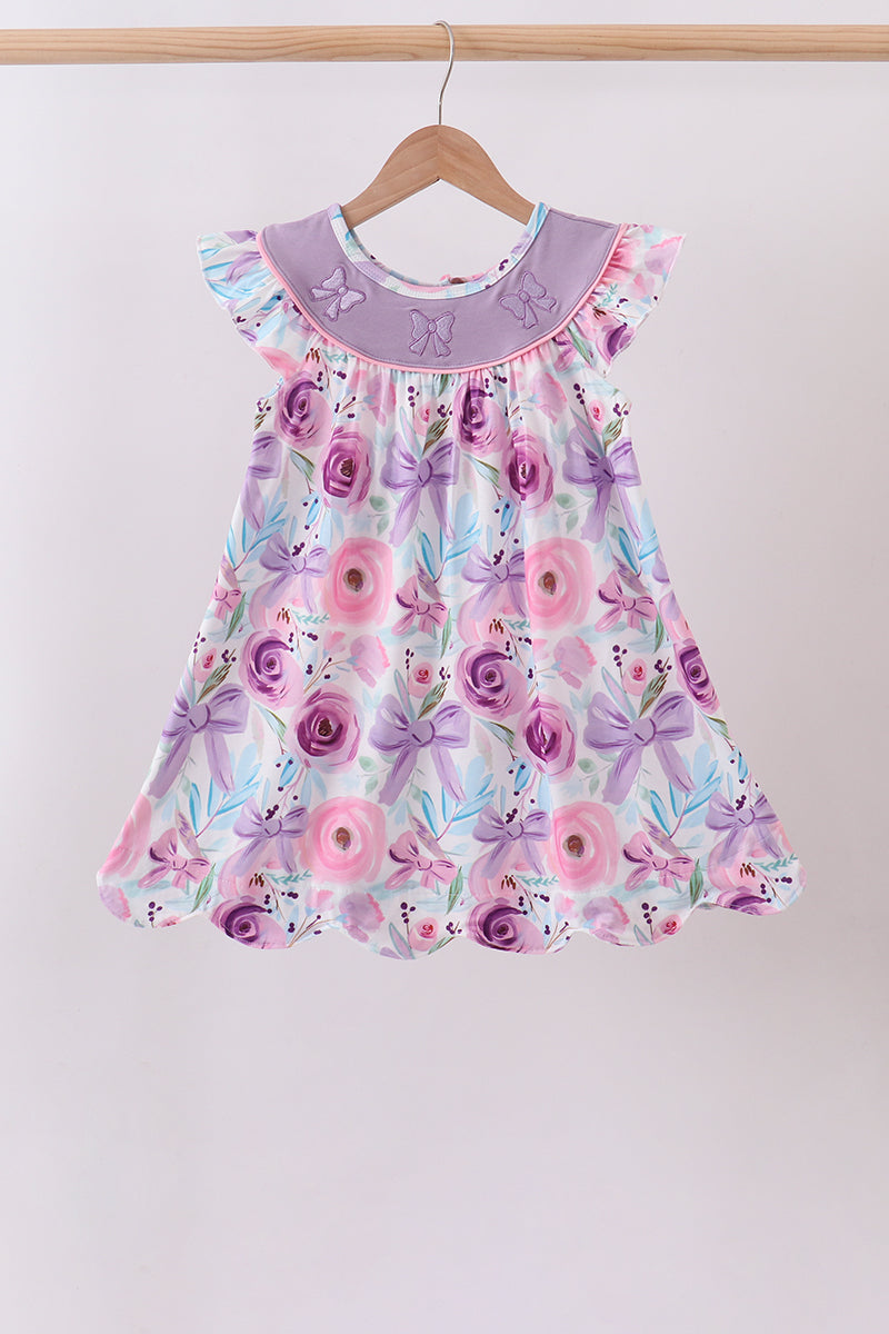 Purple Bow Embroidered Floral Scalloped Dress - 1