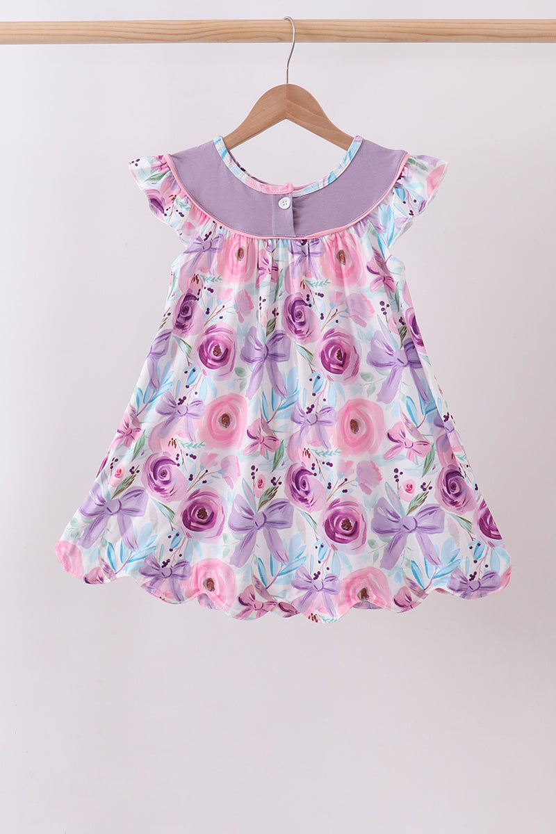 Purple Bow Embroidered Floral Scalloped Dress - 2