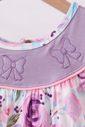 Purple Bow Embroidered Floral Scalloped Dress - 4