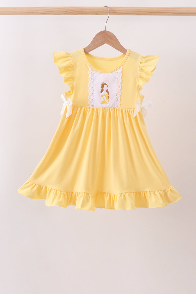 Mustard character embroidery ruffle dress - 1