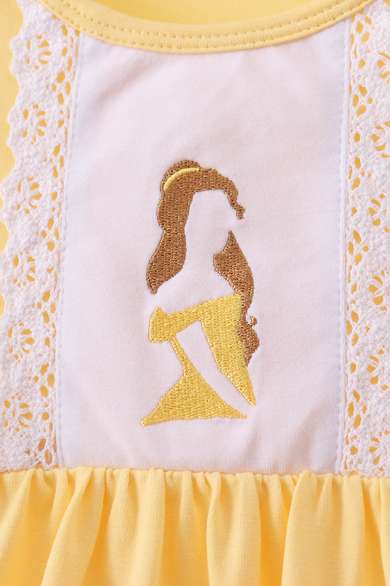 Mustard character embroidery ruffle dress - 3
