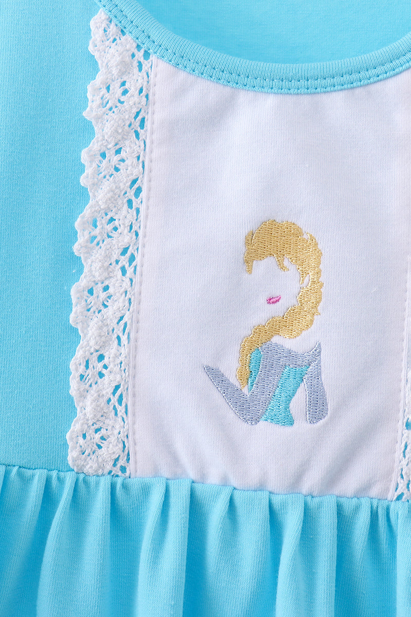 Blue character embroidery ruffle dress - 2