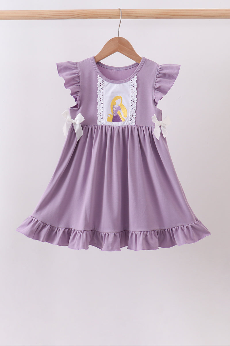 Purple character embroidery ruffle dress - 1