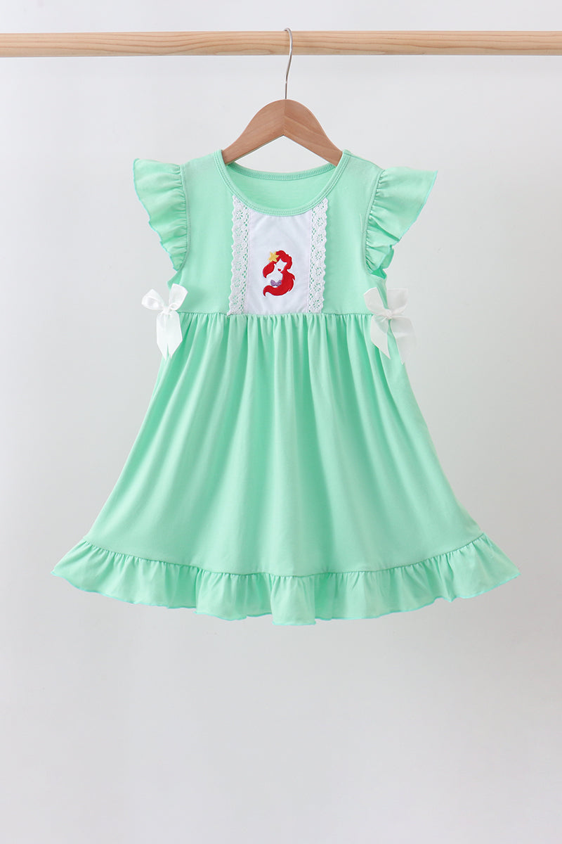Green character embroidery ruffle dress - 1