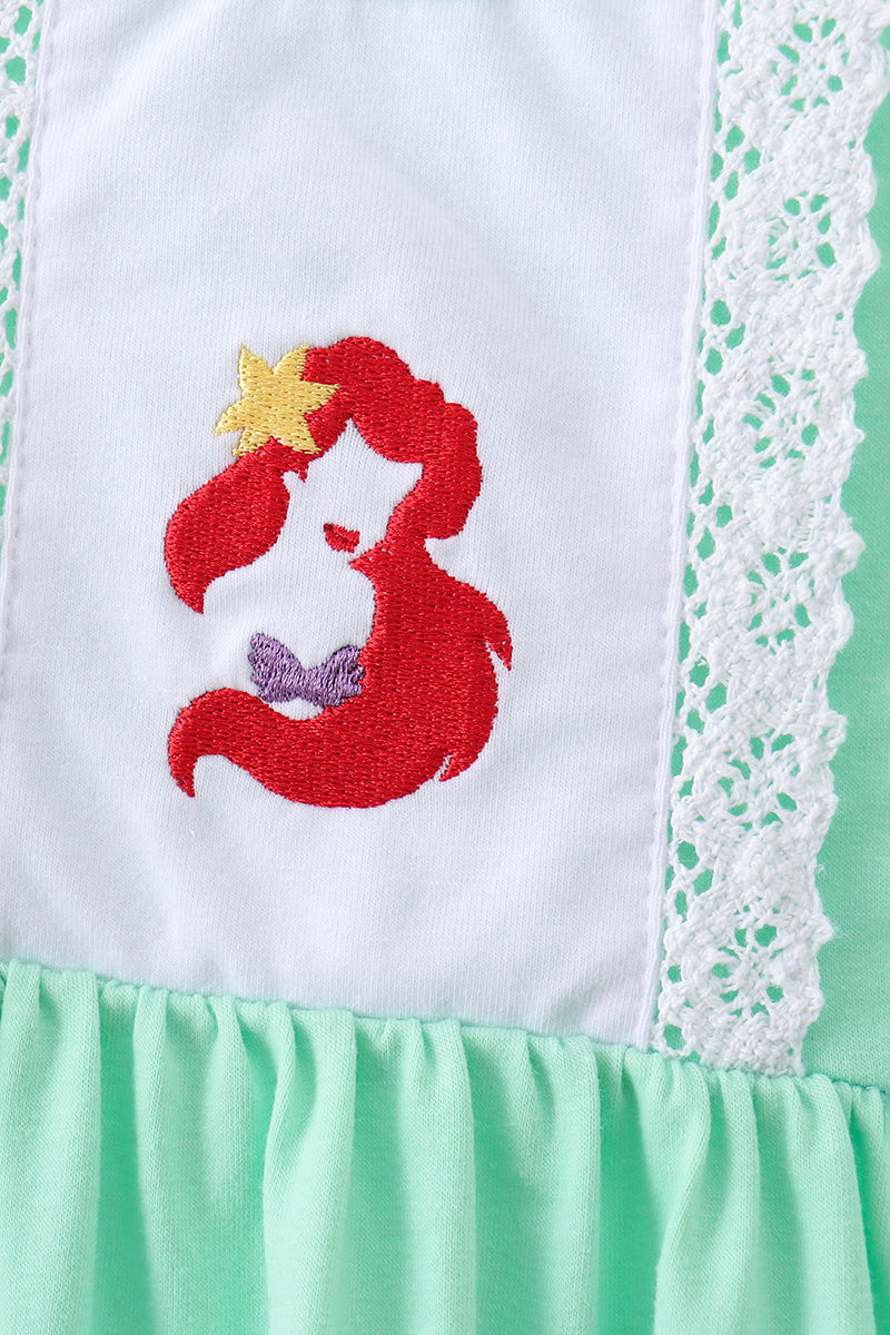 Green character embroidery ruffle dress - 2