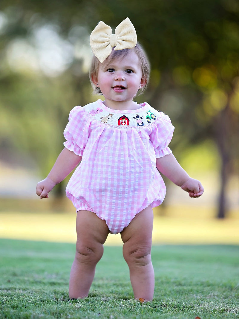 Farm Pink Smocking Embroidered Girls Romper - 1