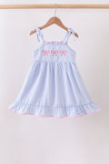 Blue Bow Embroidered Stripe Ruffle Dress - 1