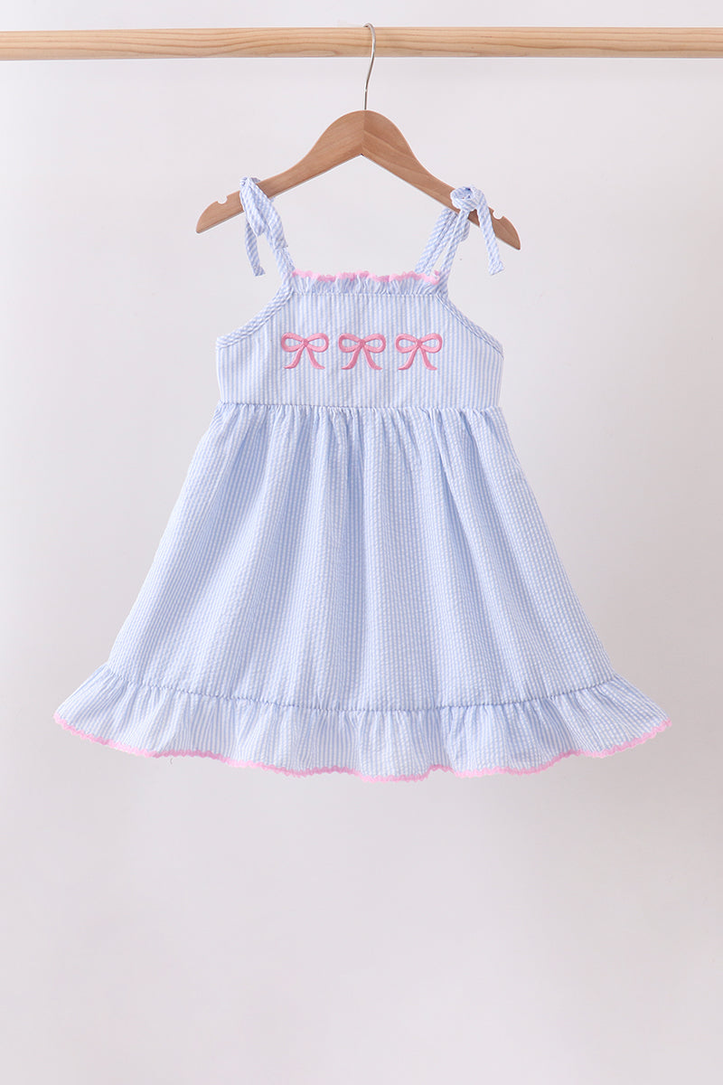 Blue Bow Embroidered Stripe Ruffle Dress - 1