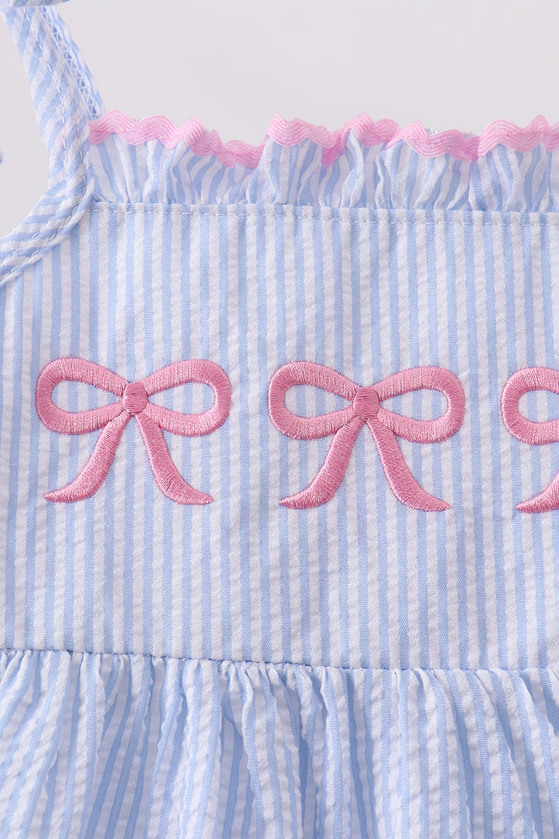 Blue Bow Embroidered Stripe Ruffle Dress - 3