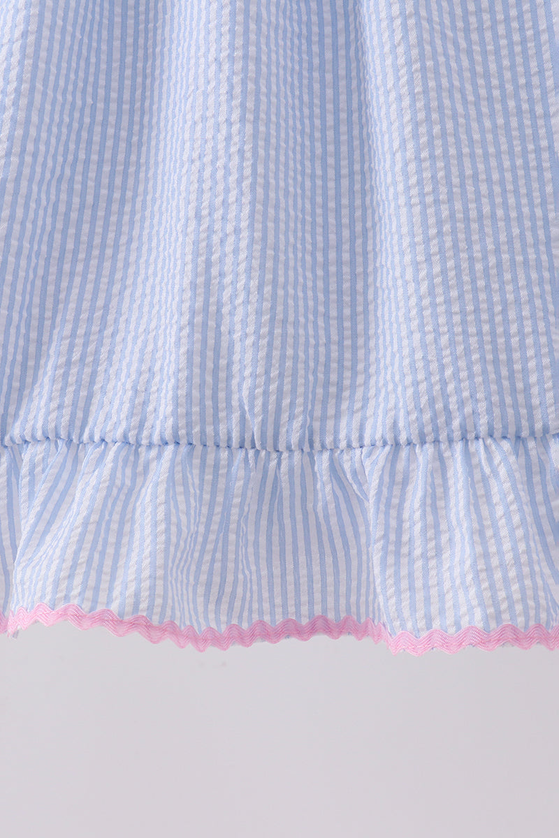 Blue Bow Embroidered Stripe Ruffle Dress - 4