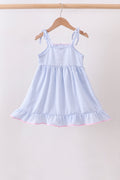 Blue Bow Embroidered Stripe Ruffle Dress - 2