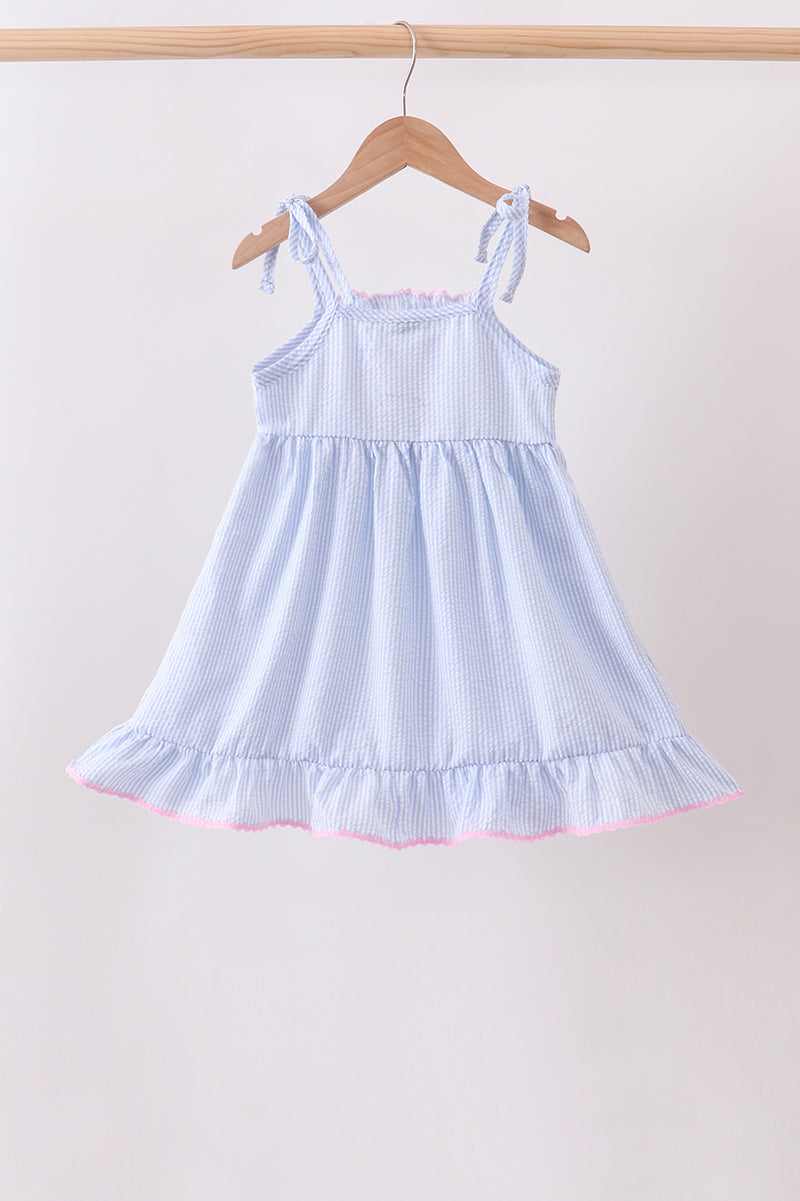 Blue Bow Embroidered Stripe Ruffle Dress - 2