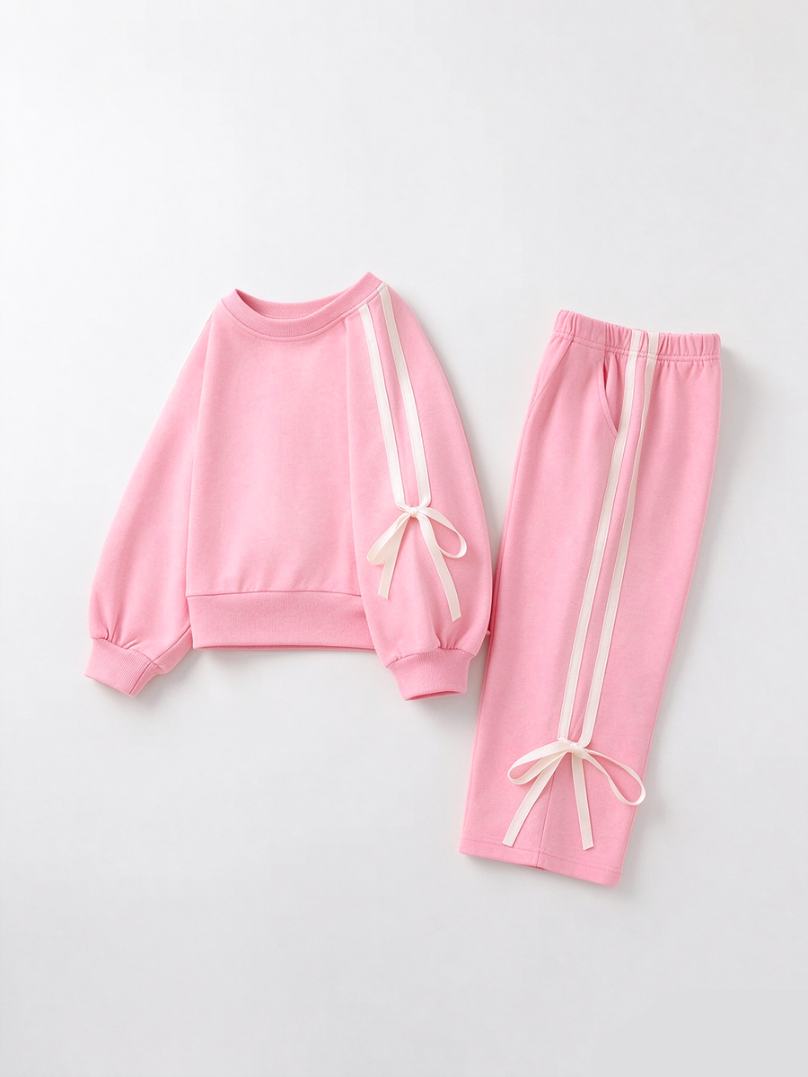 Girls Pink Bow Trim Sweatshirt and Pants Set