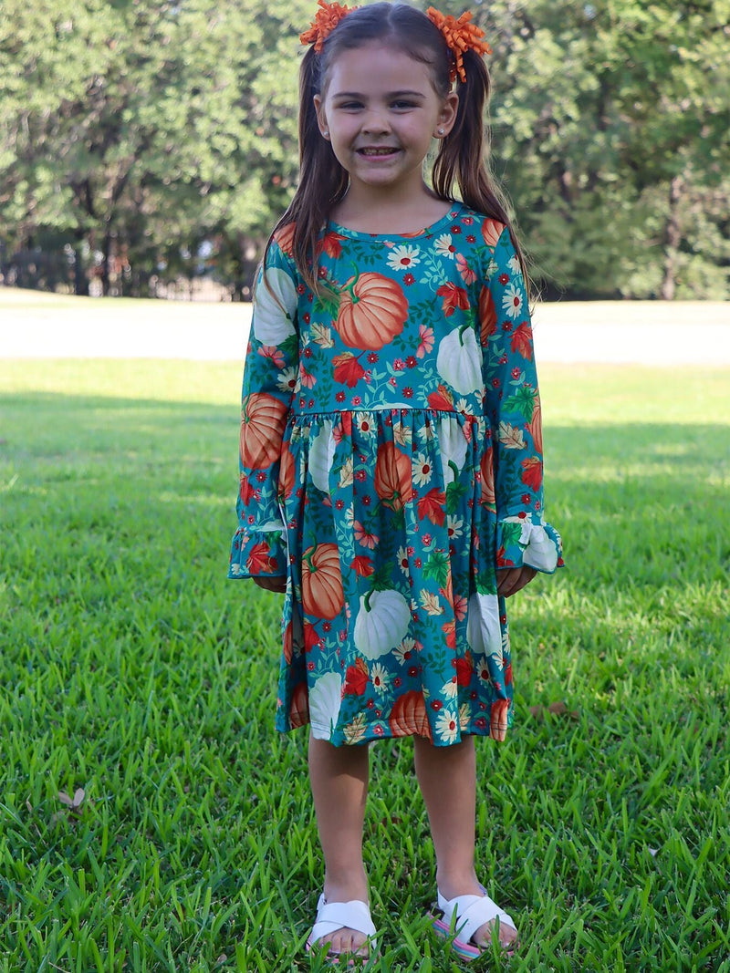 Thanksgiving Day Fall Girls Set Of 2 Pcs In One Package Pumpkin Print Dress - 2