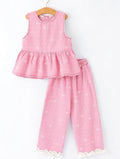 Spring Bow Dot Denim Ruffle Top and Pants Set 3/4 Pants - 6