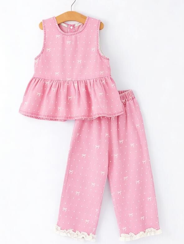 Spring Bow Dot Denim Ruffle Top and Pants Set 3/4 Pants - 6