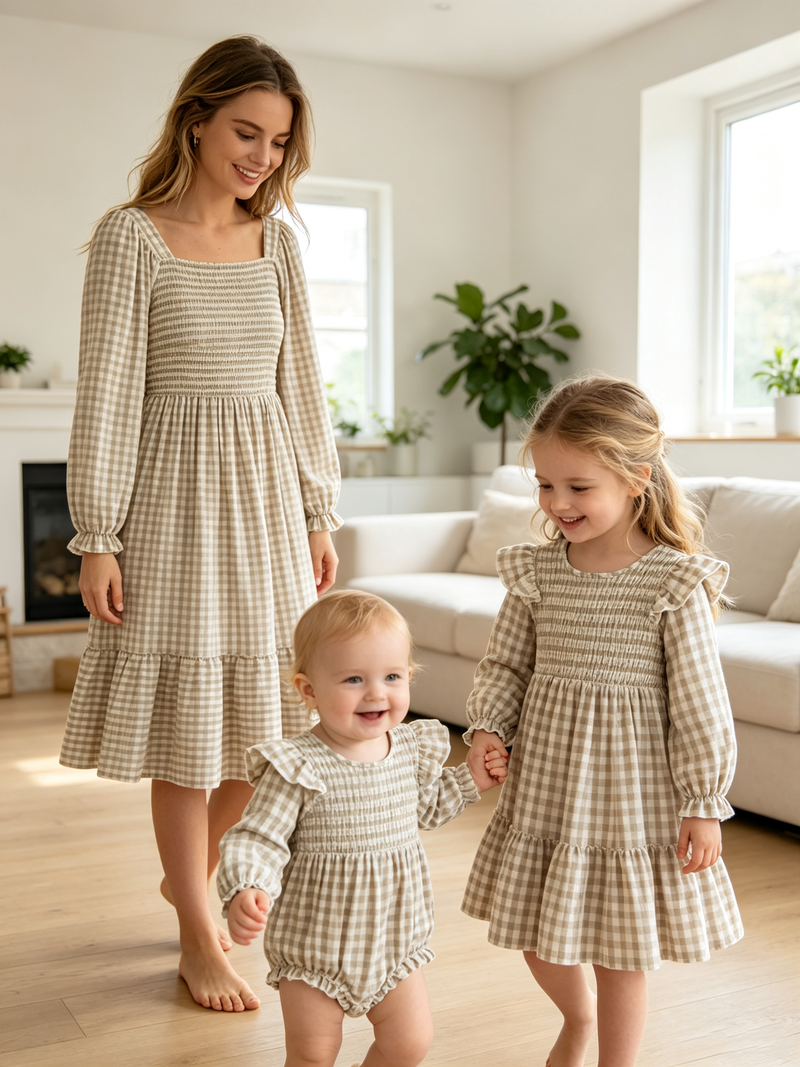 Mommy & Me Fall Plaid Dresses & Baby Bubble - 1