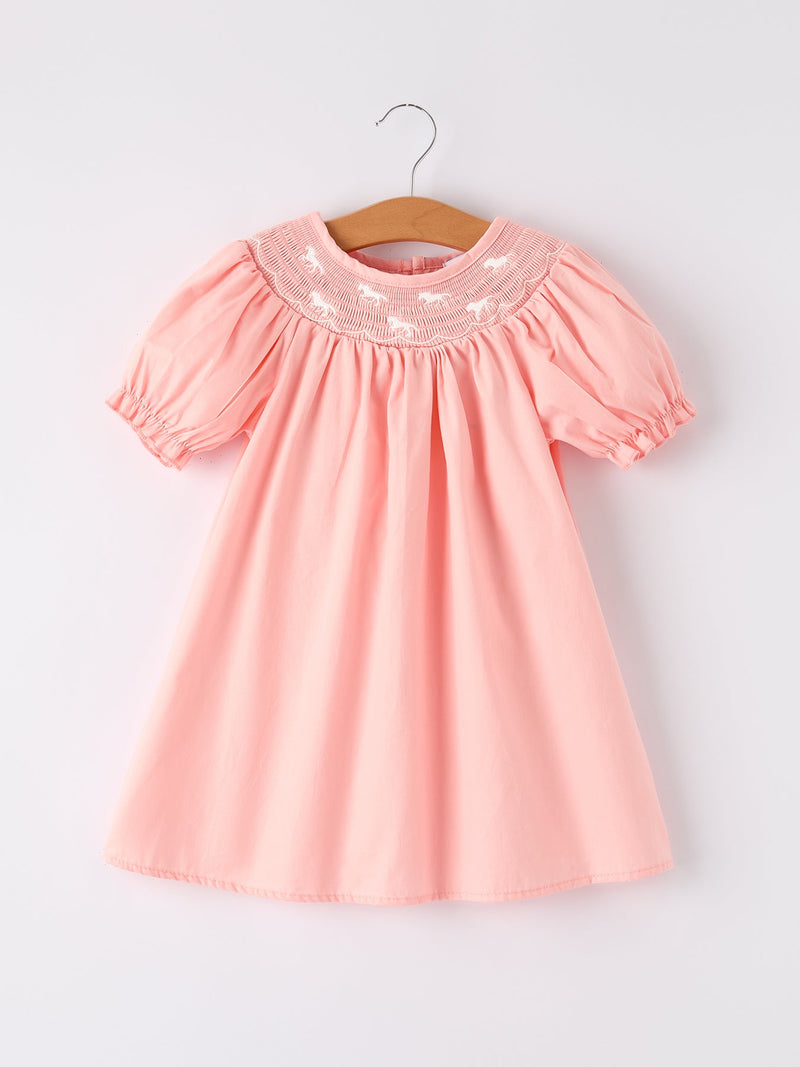 Girls Horse Smocking Embroidered Coral Dress - 1