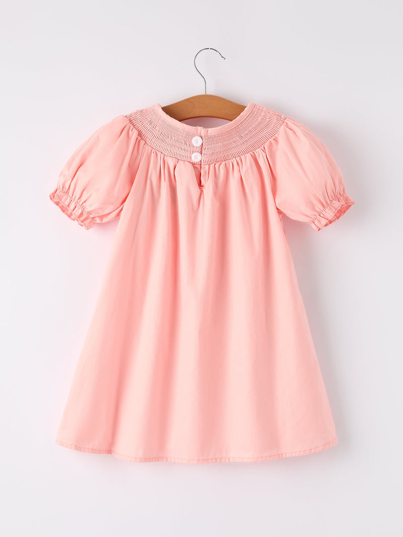 Girls Horse Smocking Embroidered Coral Dress - 2