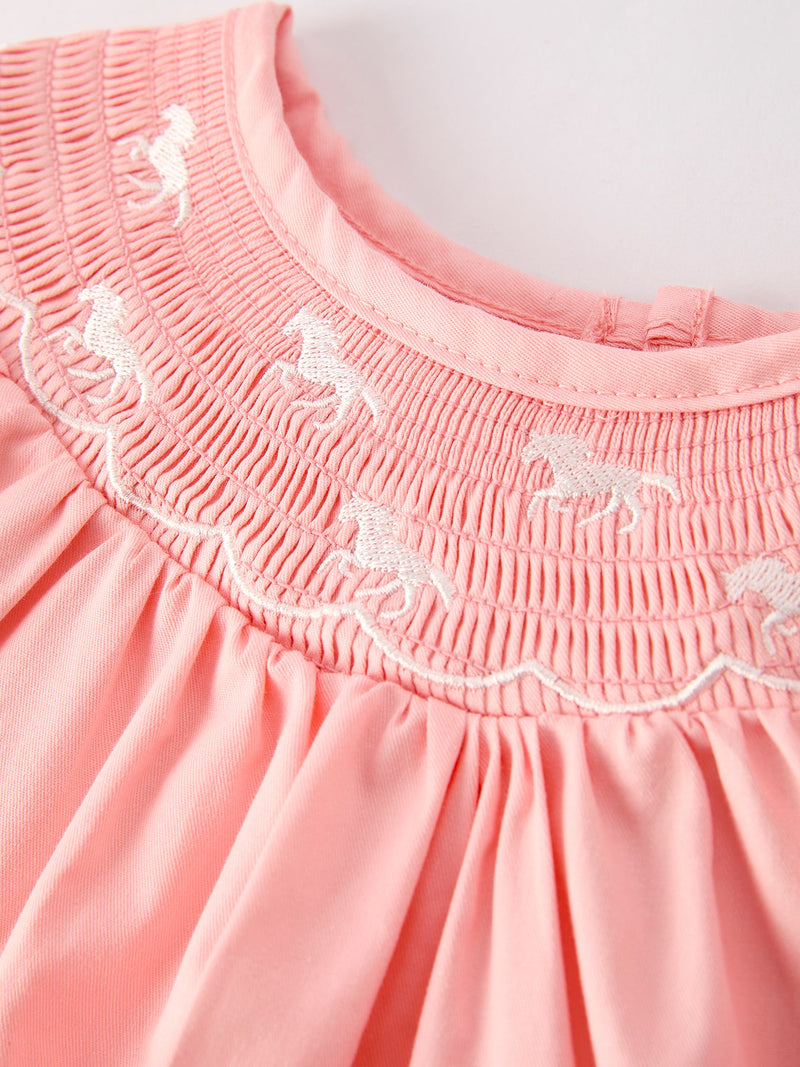 Girls Horse Smocking Embroidered Coral Dress - 4