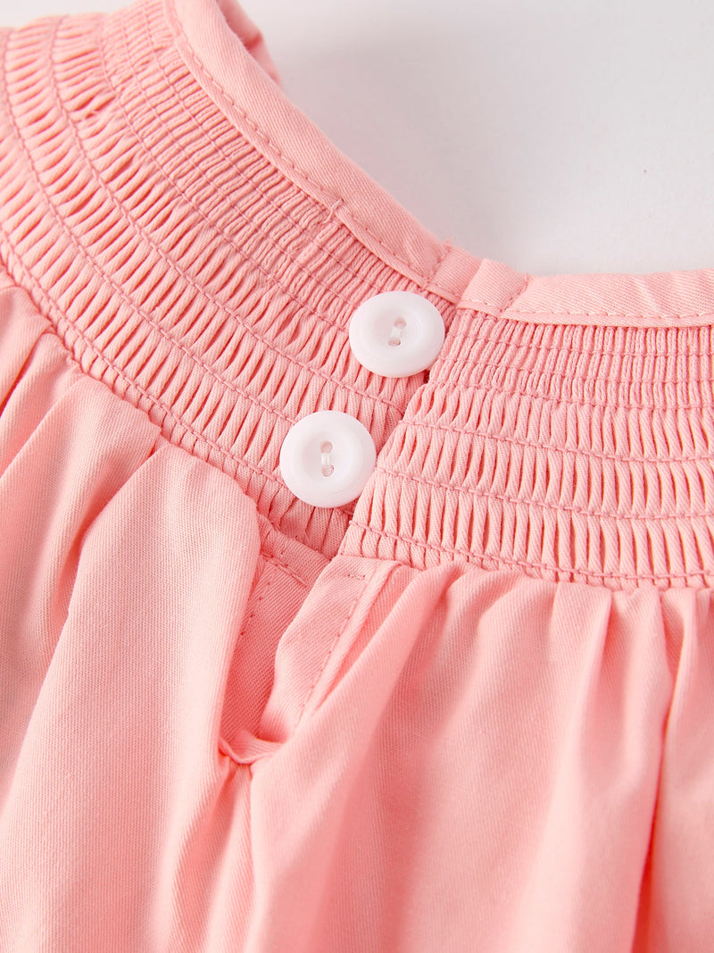 Girls Horse Smocking Embroidered Coral Dress - 5