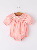 Girls Horse Smocking Embroidered Coral Romper - 1