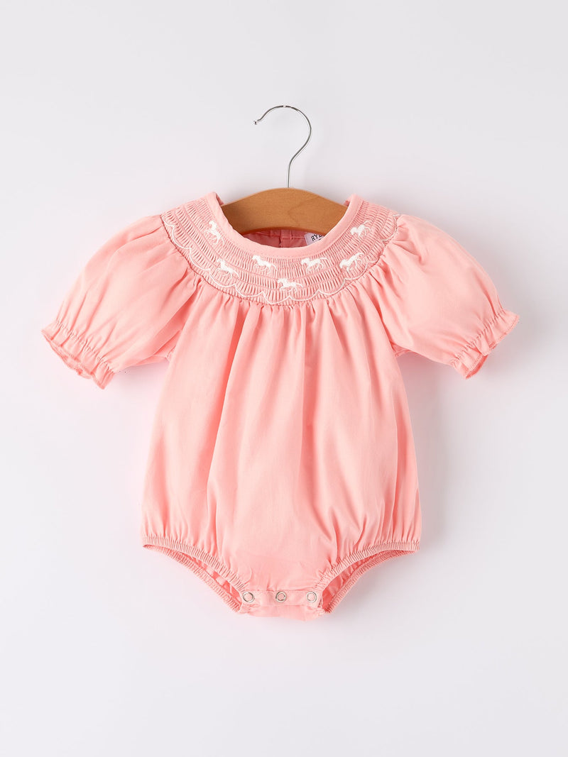 Girls Horse Smocking Embroidered Coral Romper - 1
