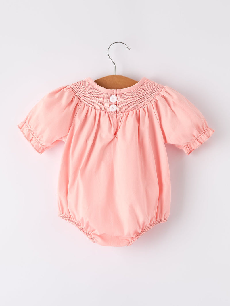 Girls Horse Smocking Embroidered Coral Romper - 2