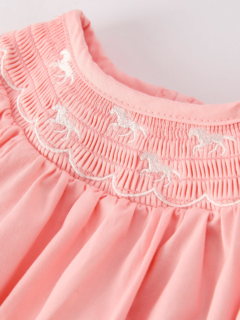 Girls Horse Smocking Embroidered Coral Romper - 4