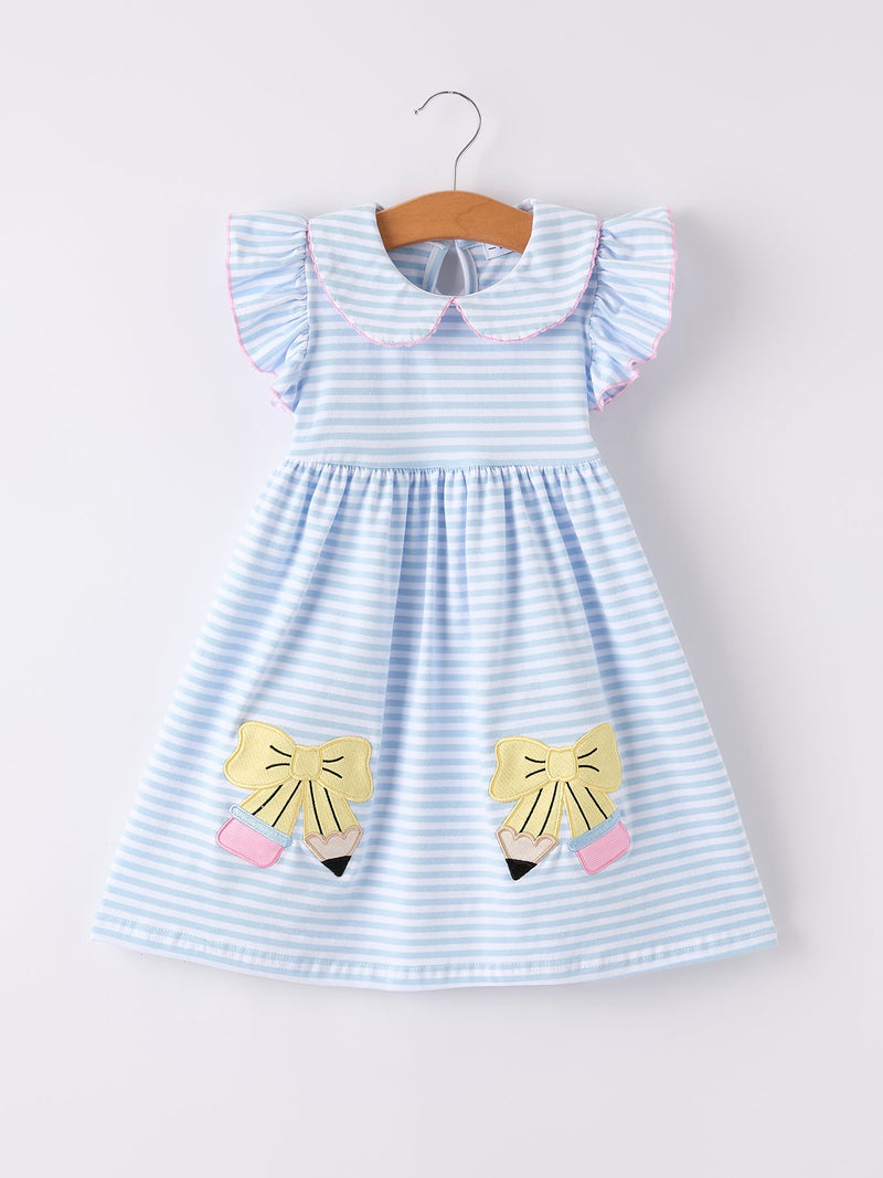 Back To School Girls Stripe Pencil Applique Bow Dress - 7