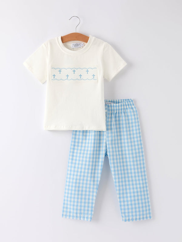 Blue Smocked Christening Bishop Boys Set