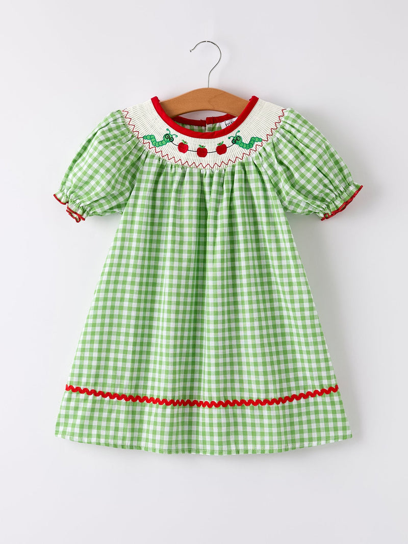 Back To School Girls Green Plaid Smocking Dress - 5
