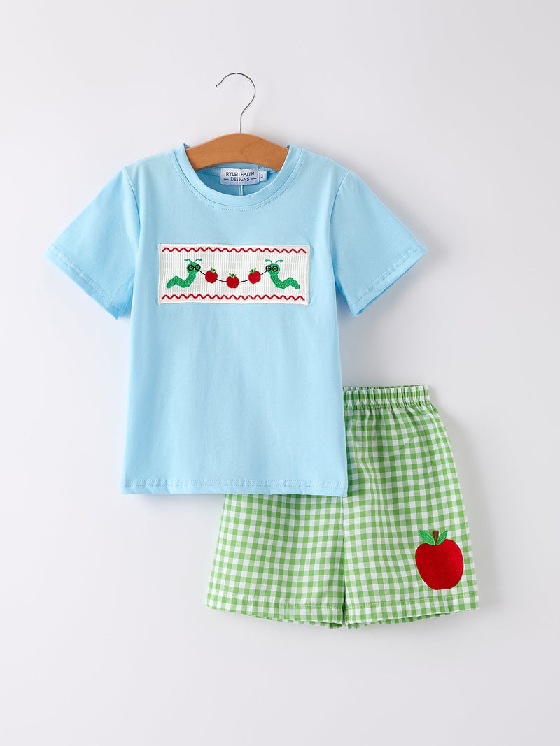 Boys Back to School Smock Embroidered Top+ Plaid Shorts - 1