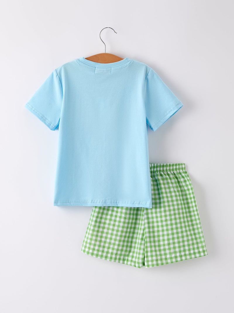 Boys Back to School Smock Embroidered Top+ Plaid Shorts - 2