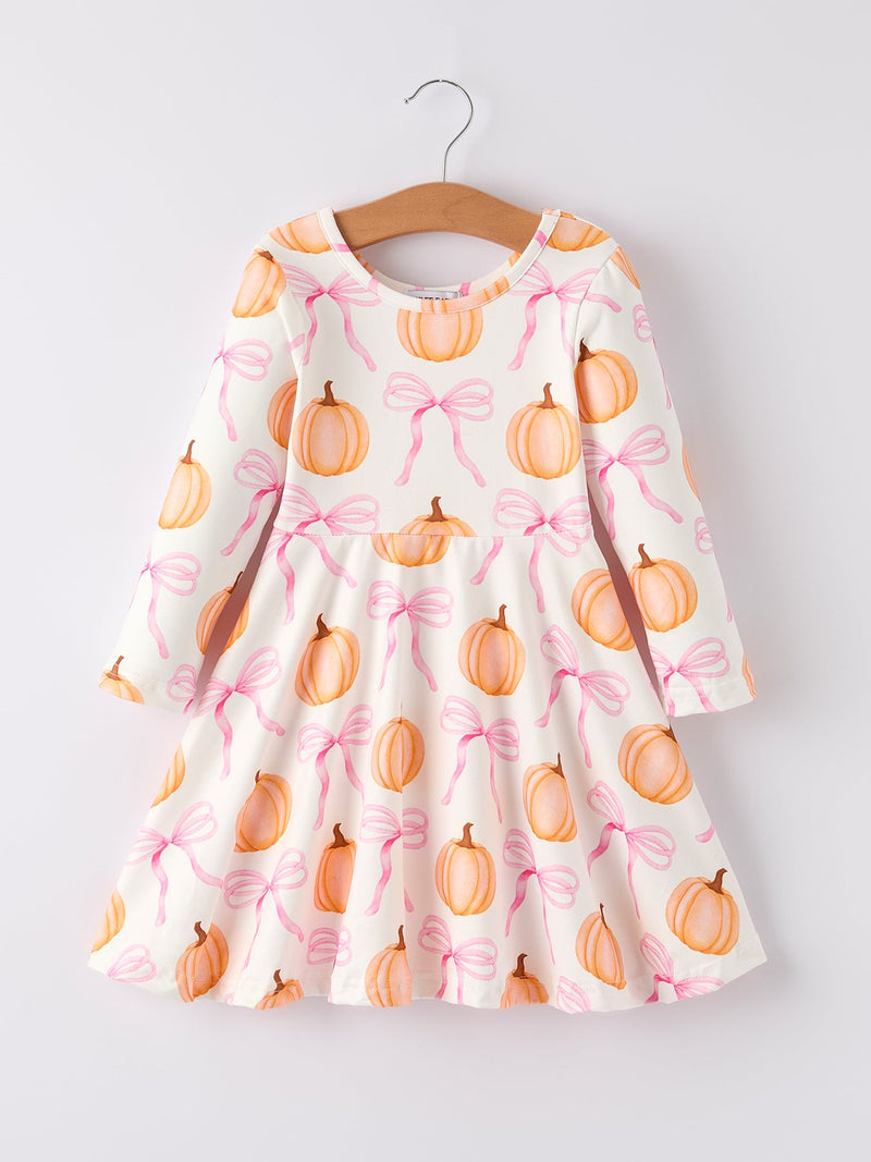 Fall Halloween & Thanksgiving Pumpkin Bow Print Long Sleeve Dress - 1