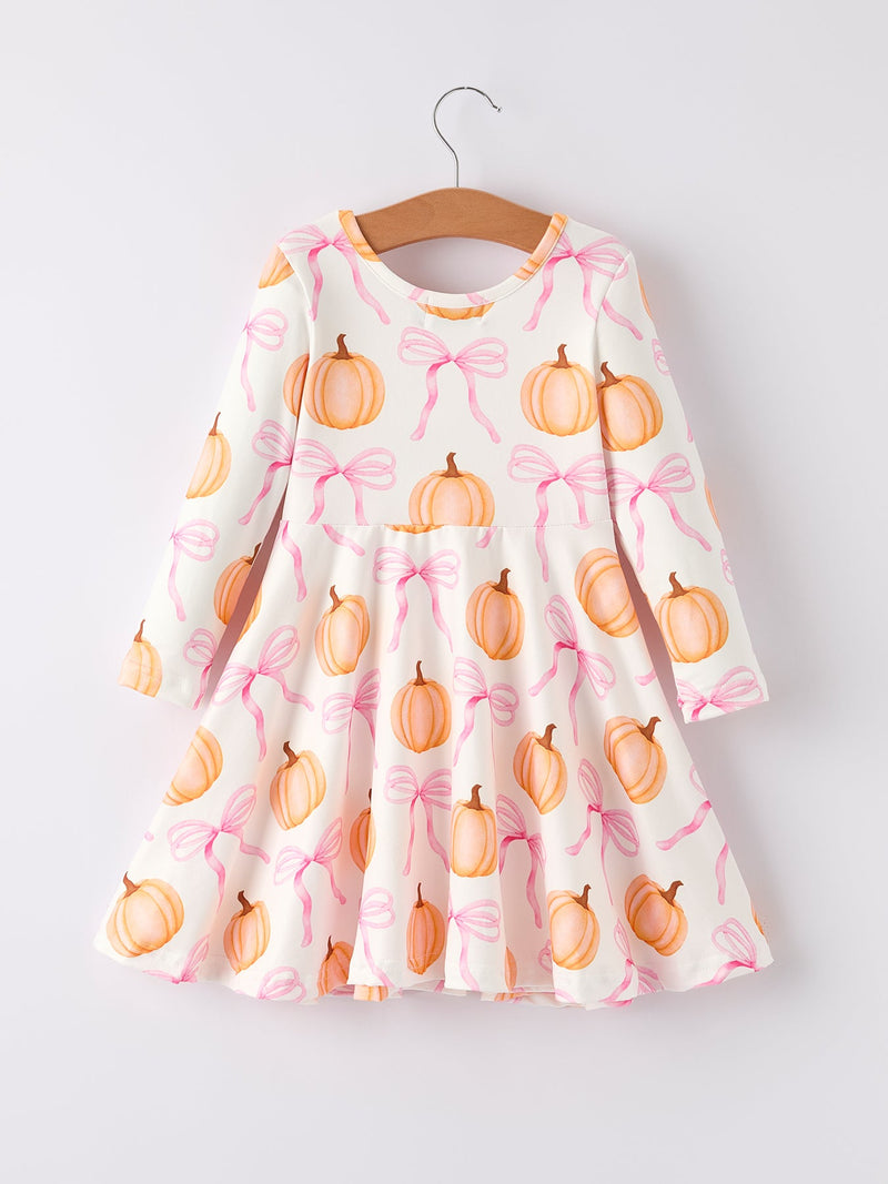 Fall Halloween & Thanksgiving Pumpkin Bow Print Long Sleeve Dress - 2