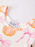 Fall Halloween & Thanksgiving Pumpkin Bow Print Long Sleeve Dress - 3