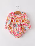 Fall Halloween & Thanksgiving Pumpkin Bow Smock Embroidered Floral Baby Girl Romper - 6