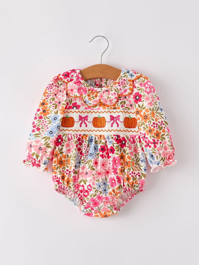 Fall Halloween & Thanksgiving Pumpkin Bow Smock Embroidered Floral Baby Girl Romper - 6