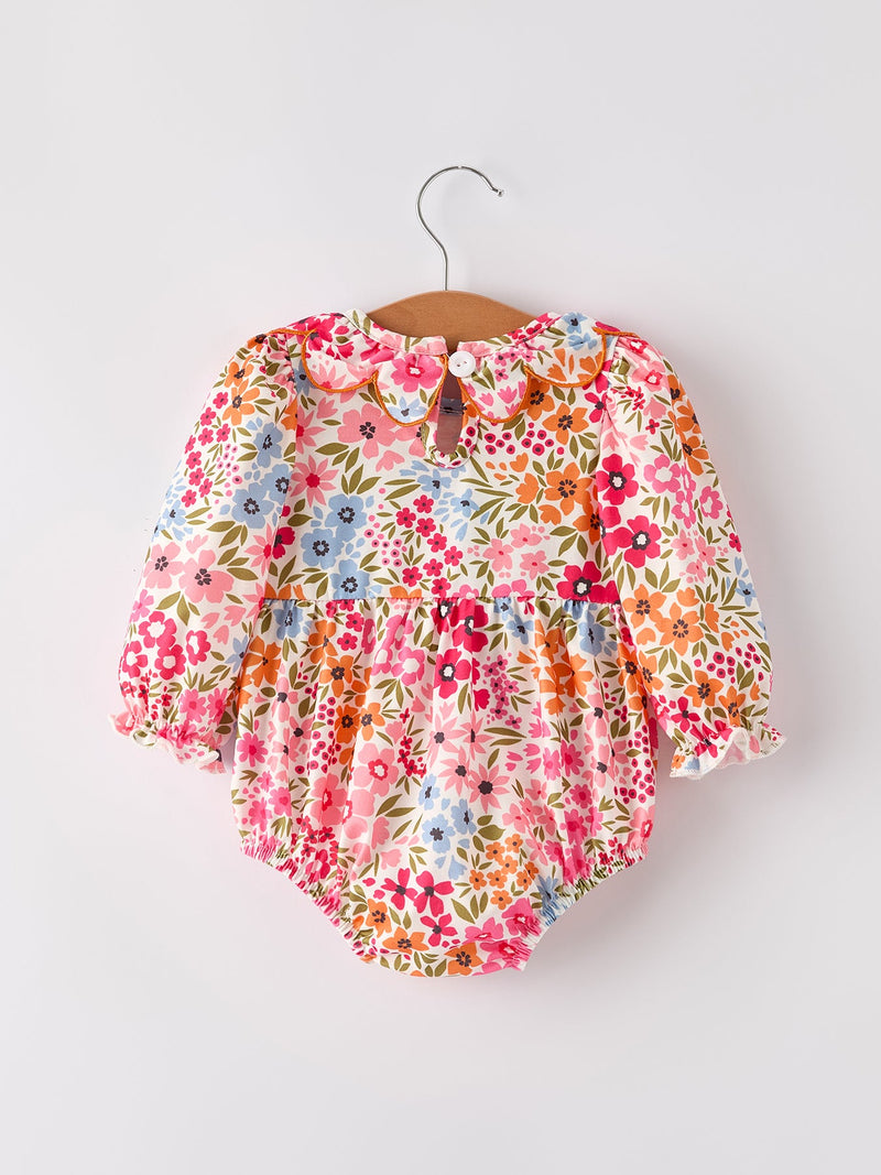 Fall Halloween & Thanksgiving Pumpkin Bow Smock Embroidered Floral Baby Girl Romper - 7