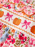 Fall Halloween & Thanksgiving Pumpkin Bow Smock Embroidered Floral Baby Girl Romper - 8
